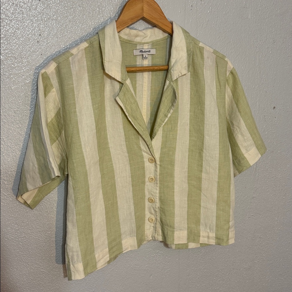 Madewell Green and Cream Striped Short-Sleeve Button-Down Shirt